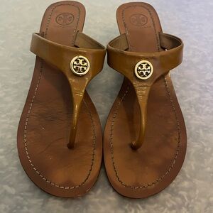 Tory Burch Tan Leather Wedge Thong Sandals